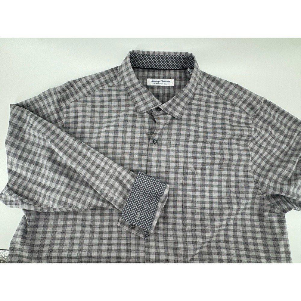 Tommy Bahama Mens XL Newport Coast Gray Plaid Long Sleeve Shirt Button Up